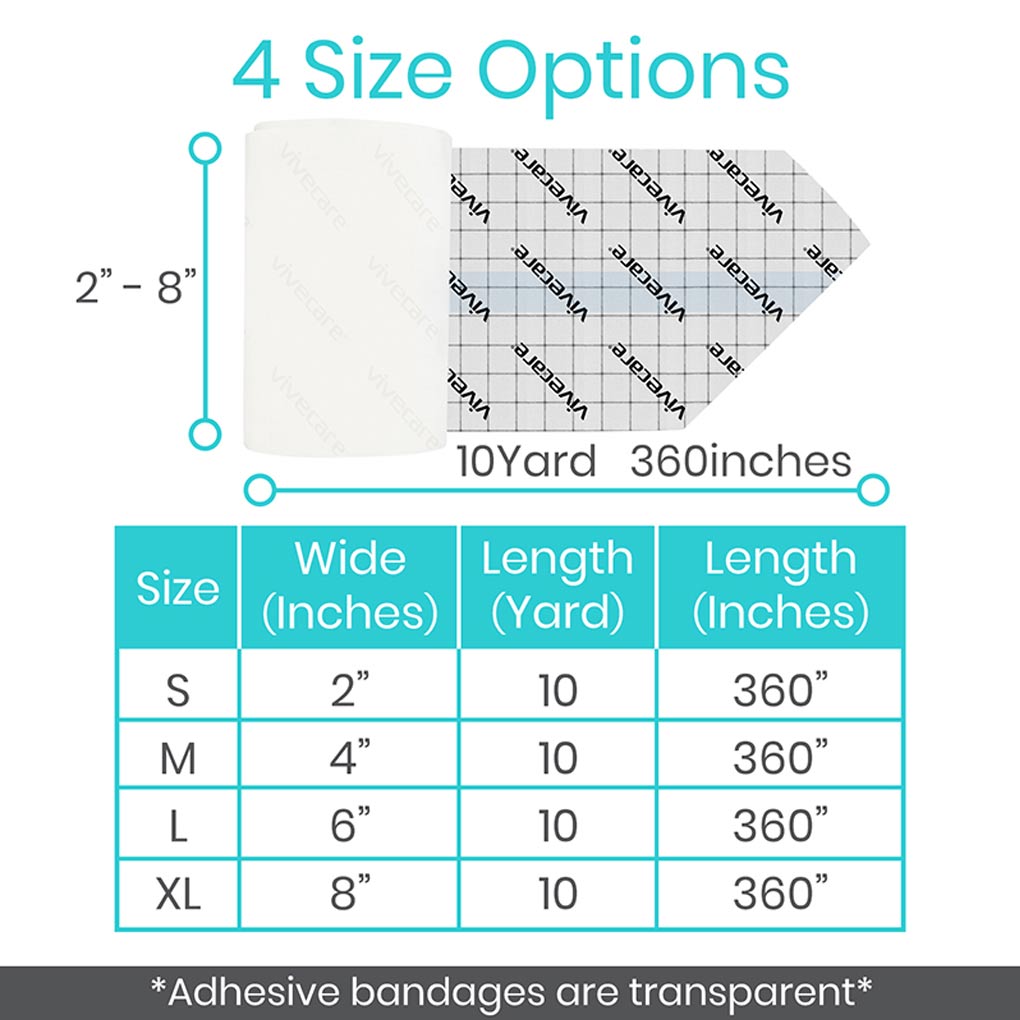 Adhesive bandage size chart with dimensions and measurements on a white background