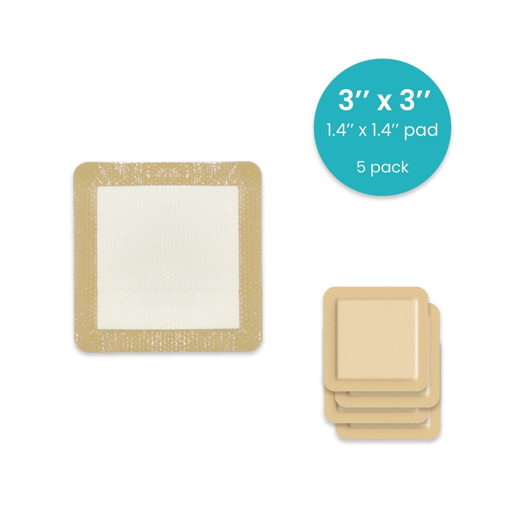 Square adhesive pads with gold border and white center, displayed with a green label indicating size and quantity.