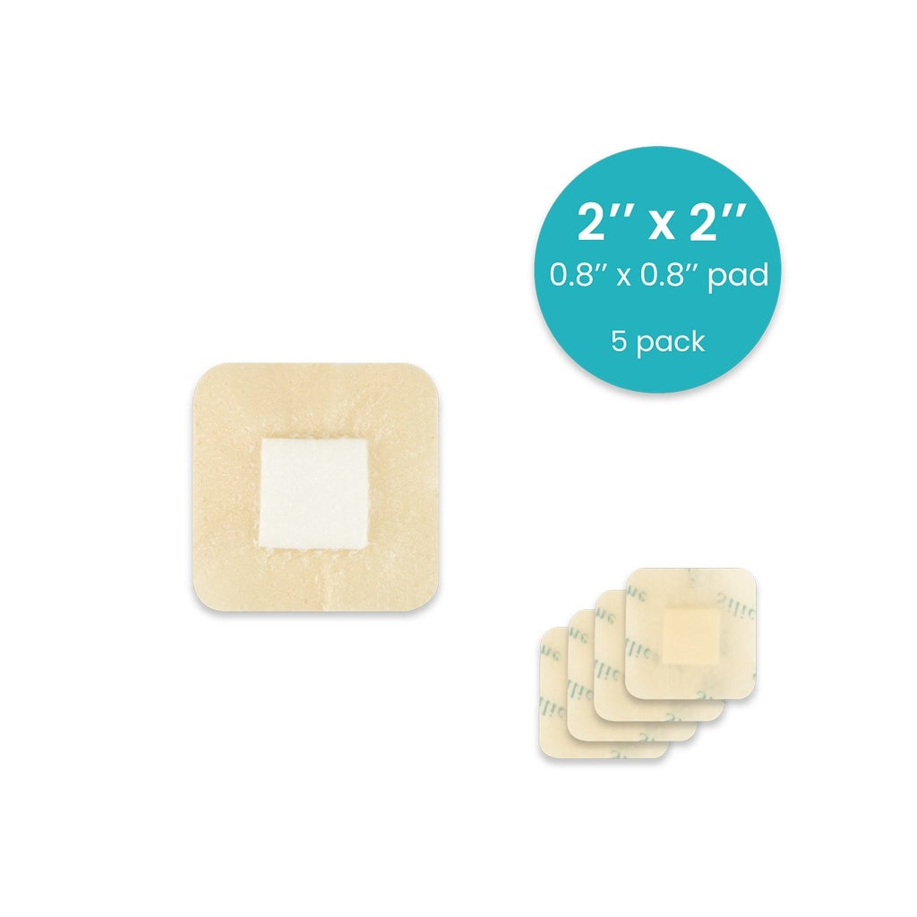 Square adhesive patches with a label indicating size and quantity on a white background