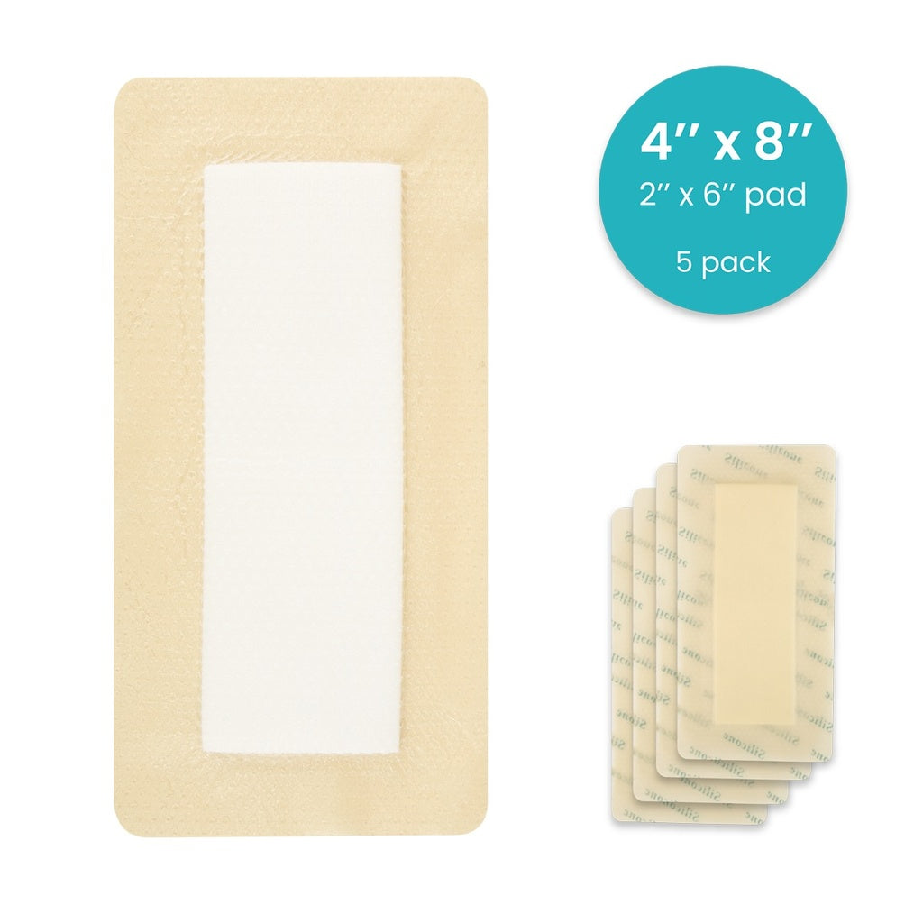 Rectangular pad with a stack of smaller pads on a white background, labeled '4" x 8" 2" x 6" pad 5 pack'.