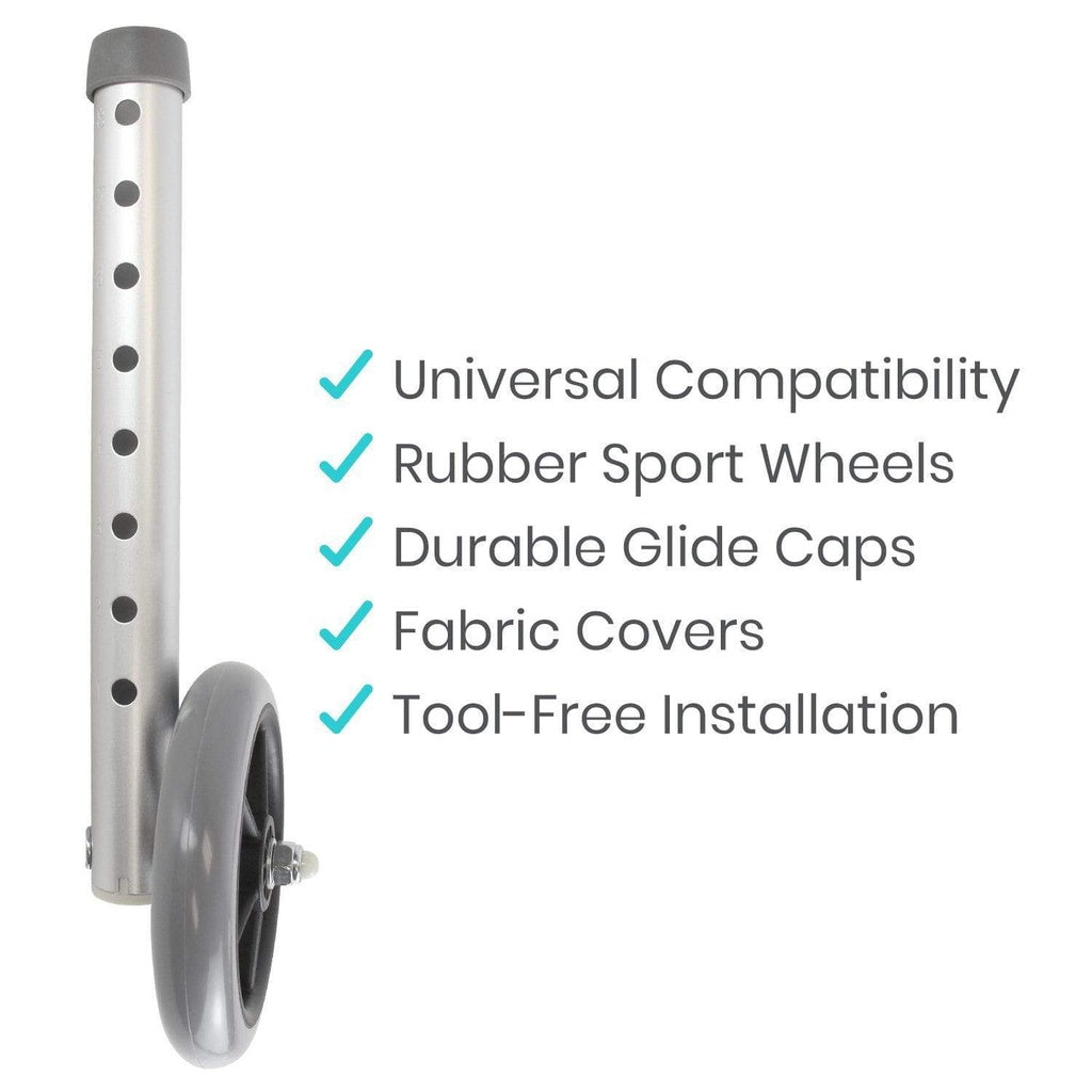 Wheelbarrow wheel with features listed on a white background