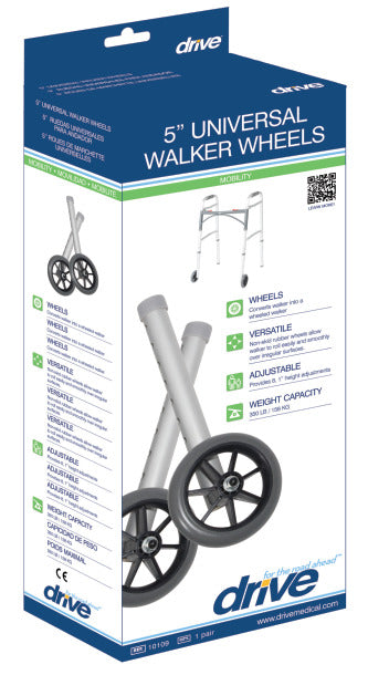 Box of Drive Medical 5-inch universal walker wheels with images and text on packaging.