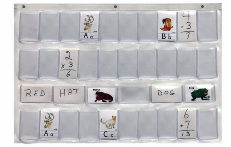 Educational flashcard organizer with various cards including numbers, letters, and images.