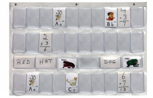 Educational flashcard organizer with various cards including numbers, letters, and images.