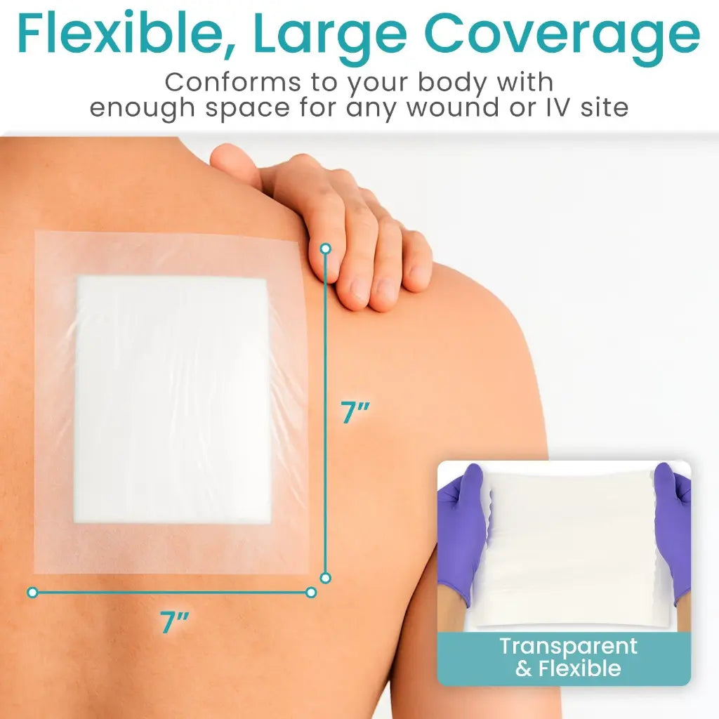 Transparent adhesive patch on a person's shoulder with text highlighting its flexibility and coverage.