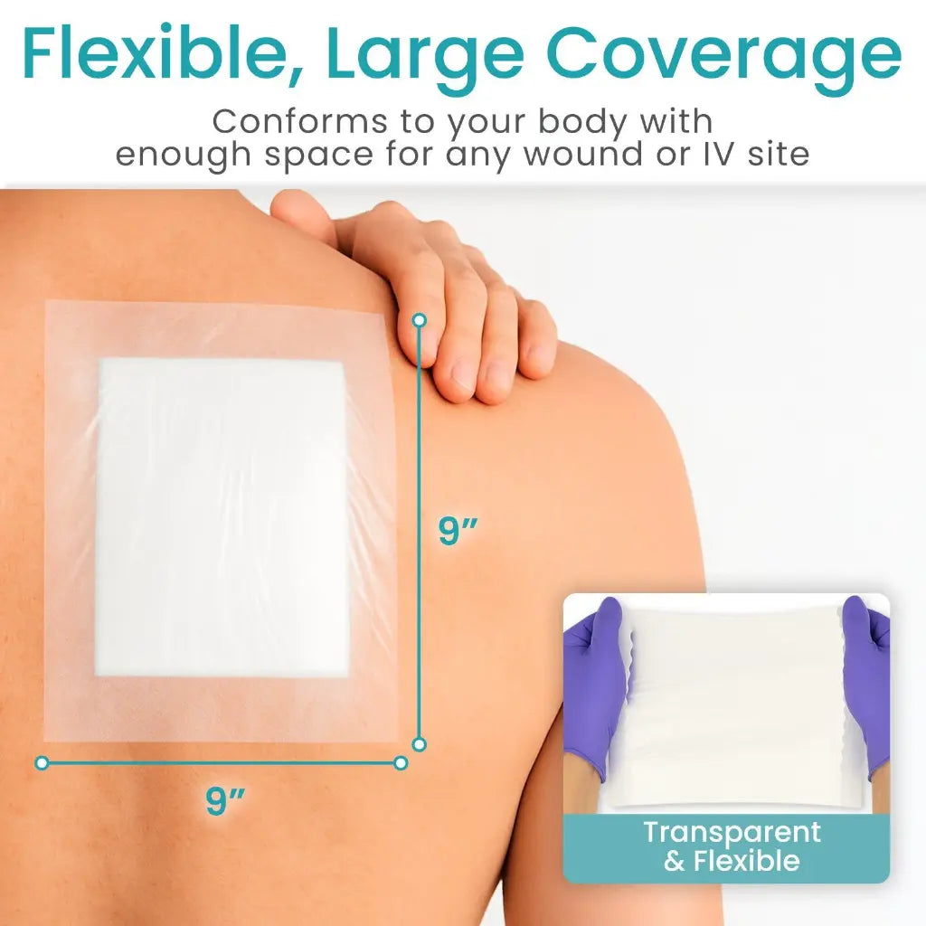 Transparent adhesive patch on a person's shoulder with measurements and text about flexibility and coverage.