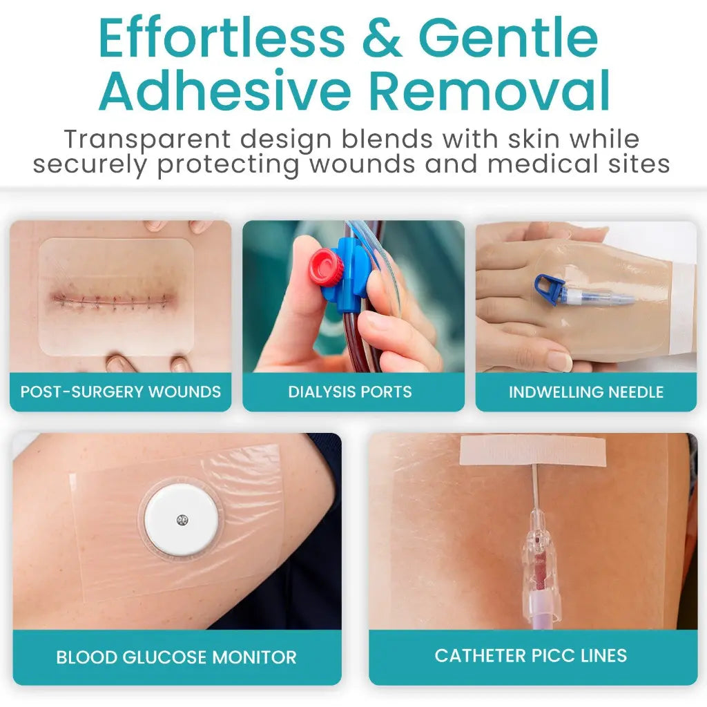 Product advertisement for adhesive removal with images of various medical scenarios.