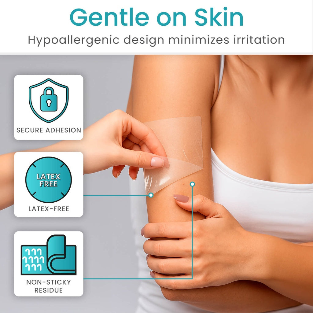 Person applying a transparent adhesive patch on their arm with 'Gentle on Skin' text and features highlighted.