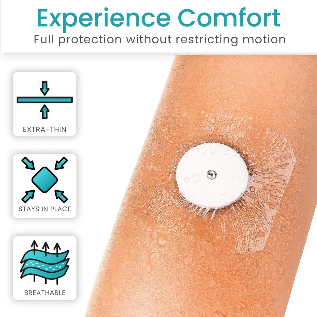 Cryotherapy patch on a person's leg with text 'Experience Comfort' and icons indicating features.