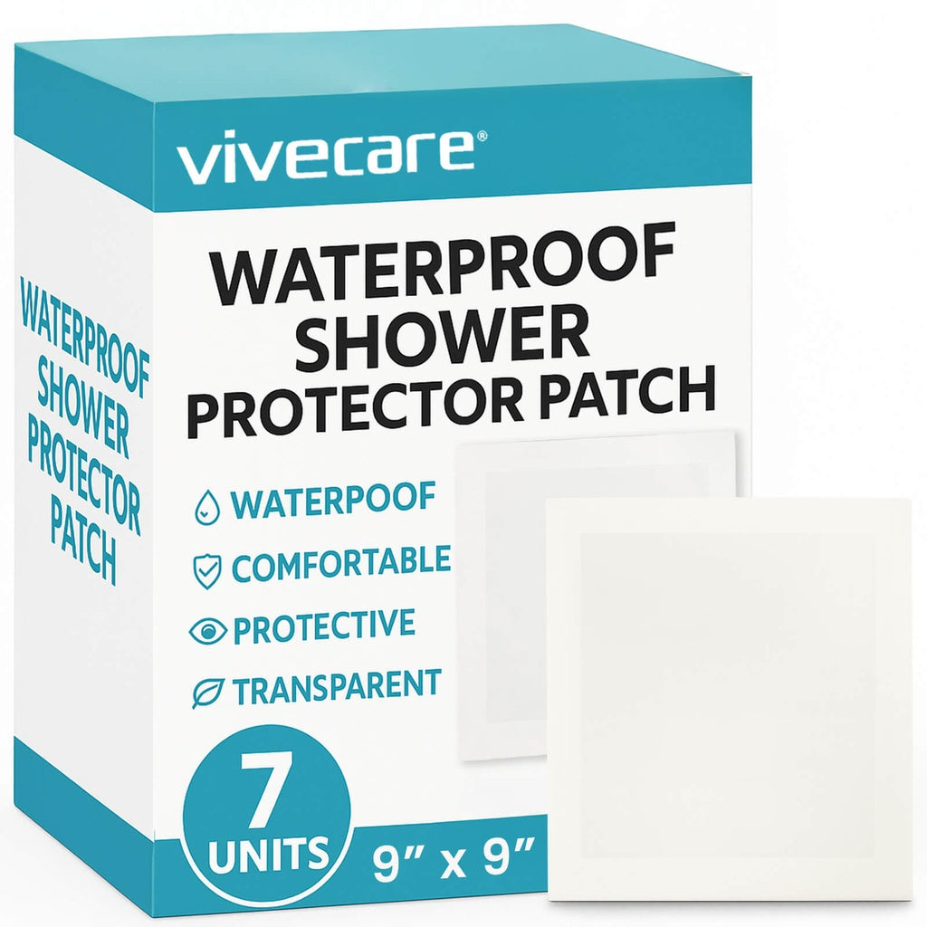 Vivecare waterproof shower protector patch packaging with a sample patch on a white background