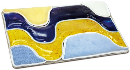 gel tray with abstract design in blue, yellow, and white