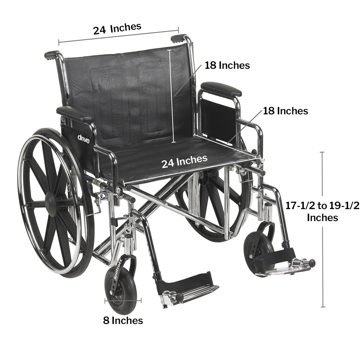 Wheelchair with labeled dimensions on a white background