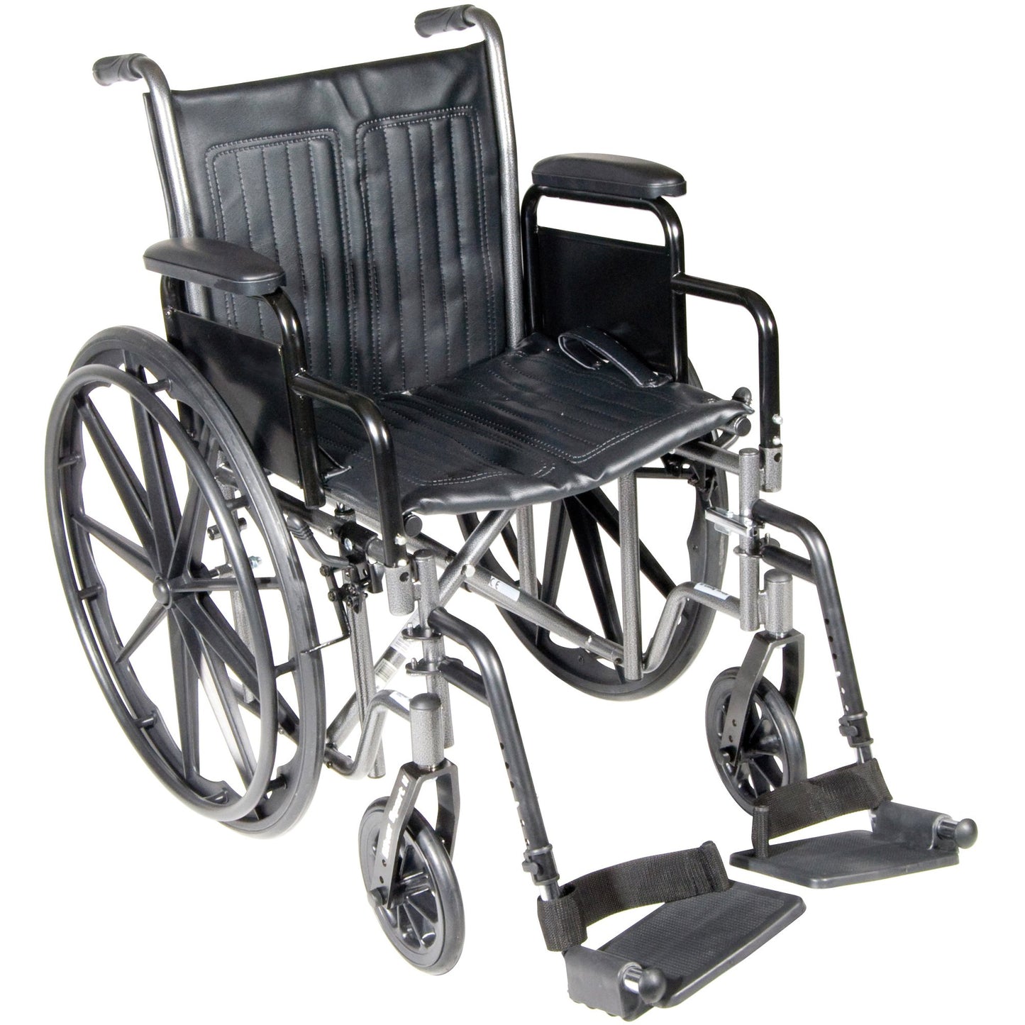 Black wheelchair with armrests and footrests on a white background