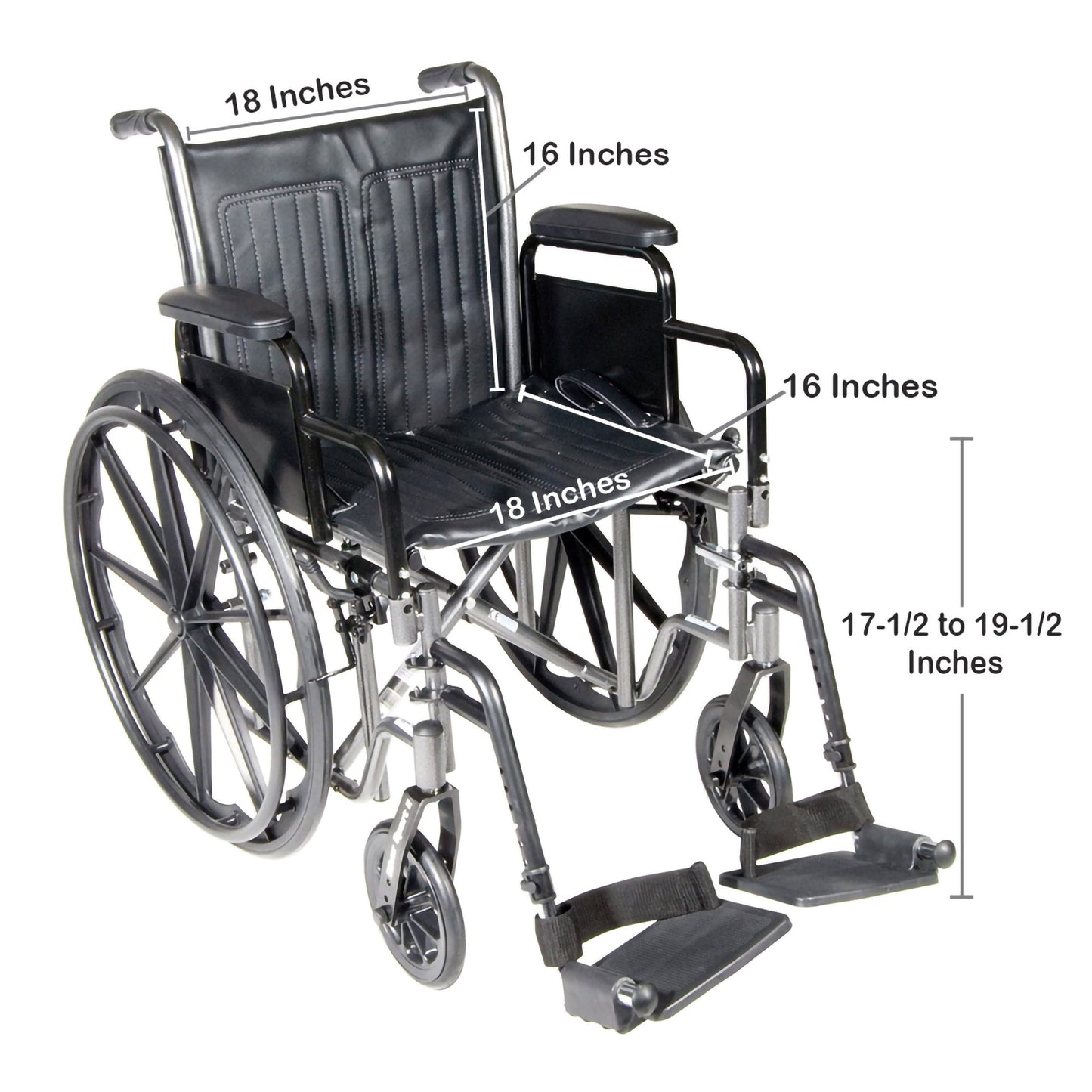 Wheelchair with measurements labeled on a white background