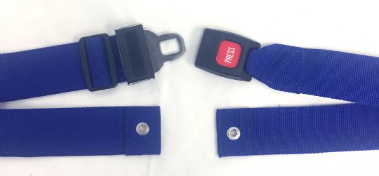 Two blue seat belts with plastic buckles on a white background