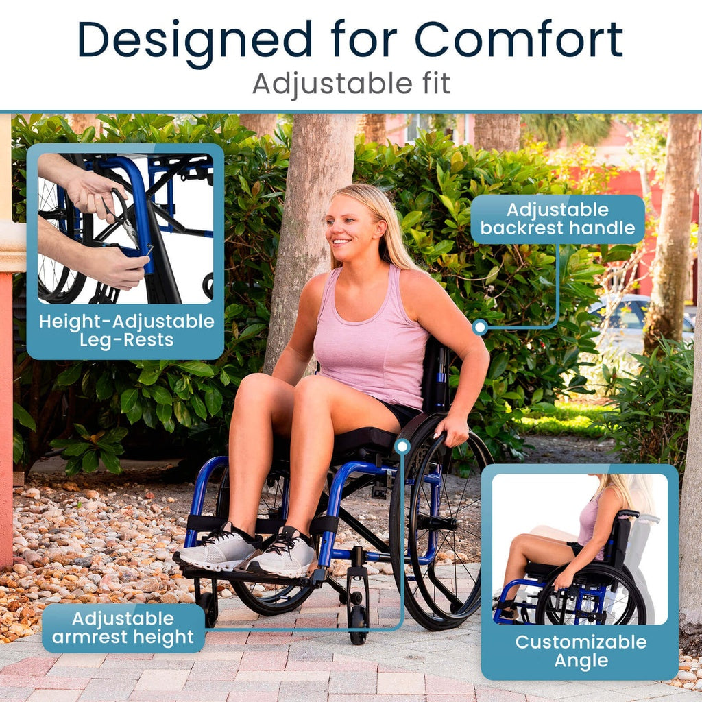 Woman using a wheelchair with adjustable features in an outdoor setting