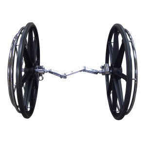Two large black wheels with a metal axle on a white background