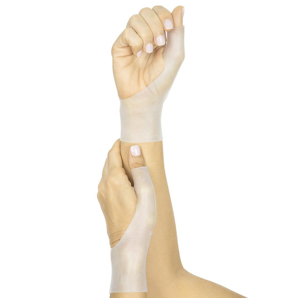 Hand wearing a white compression sleeve on a white background