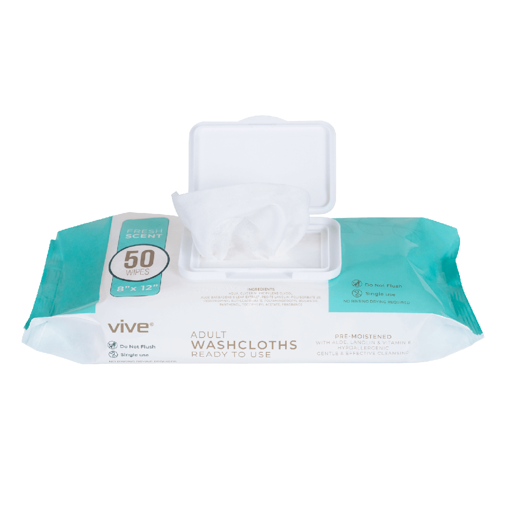 Pack of Vive adult washcloths on a white background