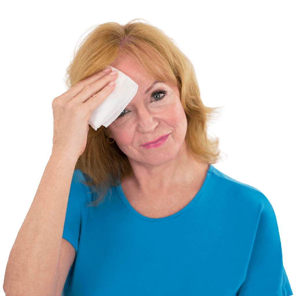 Woman applying cream to her face with a white spatula on a transparent background