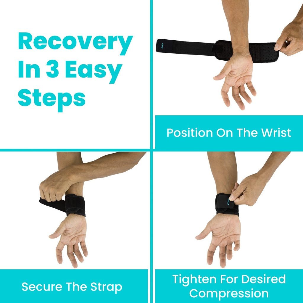 Step-by-step guide on how to use a wrist strap for recovery, with text and images of hands positioning and securing the strap.