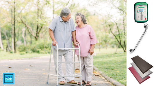 Seniors walking together - one using a walker - next to them are a few fall prevention tools 
