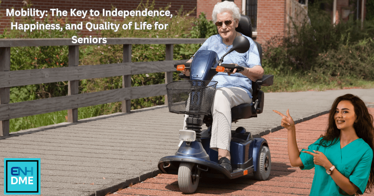 happy senior driving her scooter outdoors