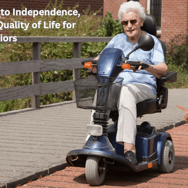 happy senior driving her scooter outdoors