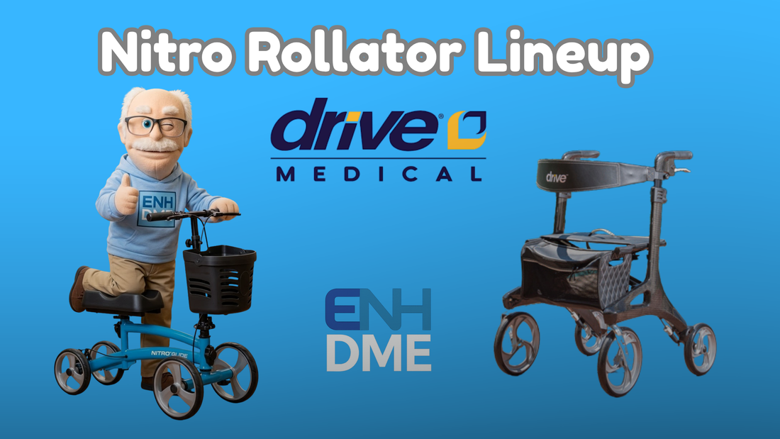 Drive Medical Nitro rollator lineup — all models including Sprint, HD, Tall, Euro Style, Elite CF, Duet, and Glide