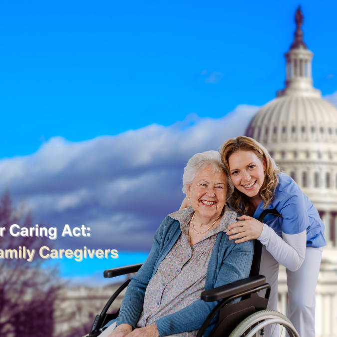 Family caregiver and elderly mother smiling in front of the U.S. Capitol, representing the Credit for Caring Act supporting caregivers.