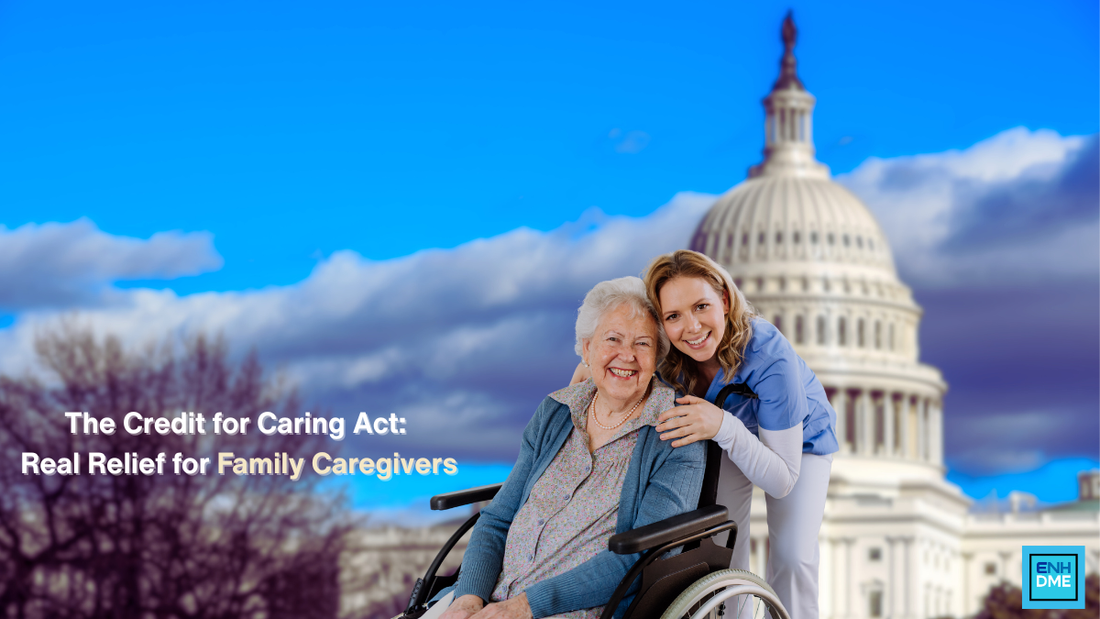 Family caregiver and elderly mother smiling in front of the U.S. Capitol, representing the Credit for Caring Act supporting caregivers.