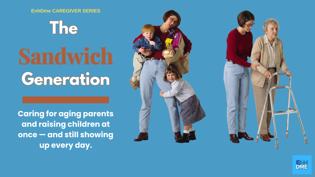Image of sandwich caregiver taking care of kids and a senior loved one