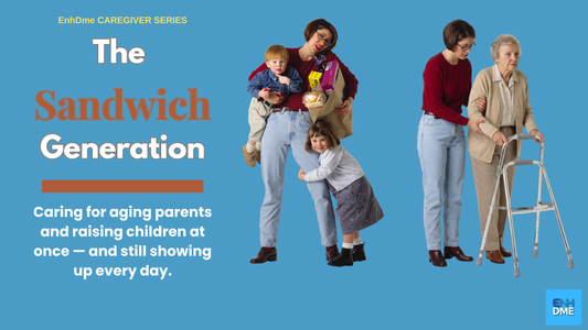 Image of sandwich caregiver taking care of kids and a senior loved one