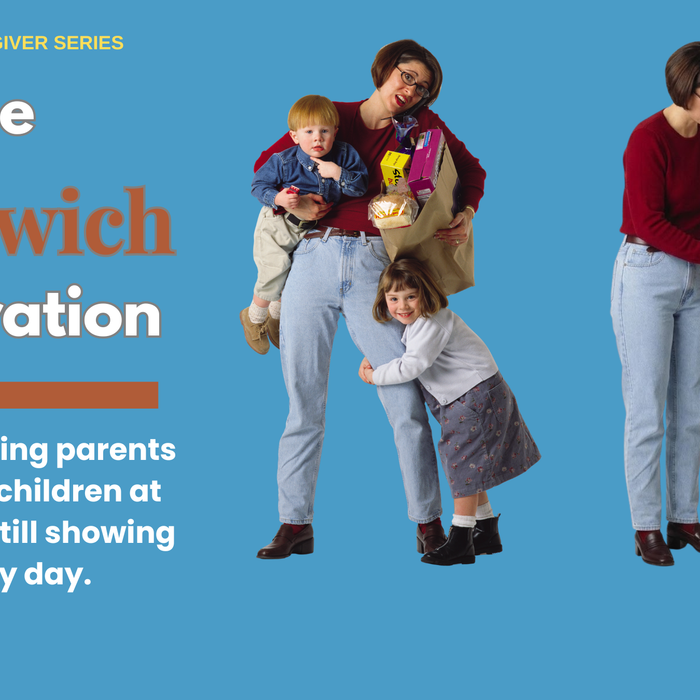 Image of sandwich caregiver taking care of kids and a senior loved one