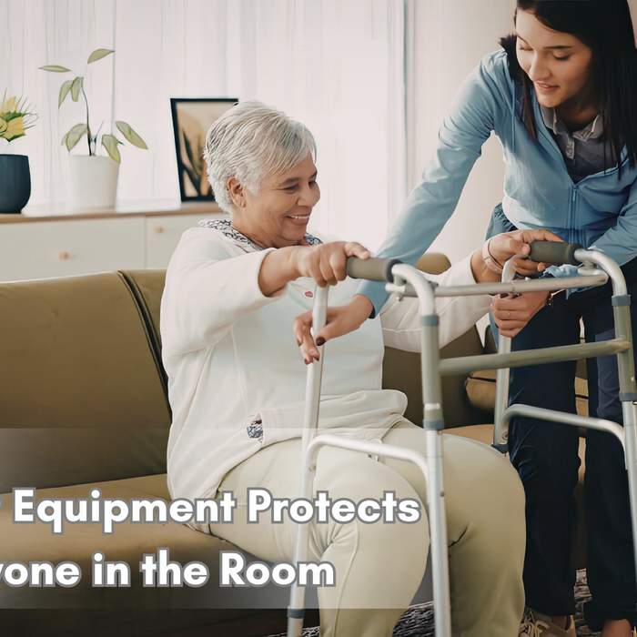 Caregiver helping up a loved one with a walker