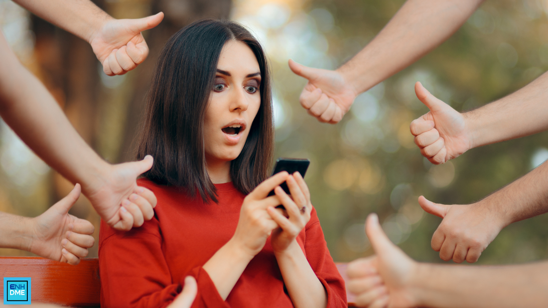 Young woman looking overwhelmed by social media notifications on her phone, representing digital distraction and fragmented attention.