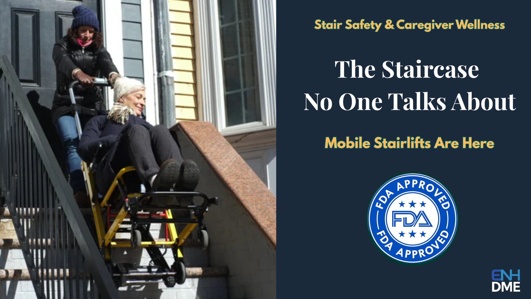 Caregiver helping someone get down the steps using a stairlift 