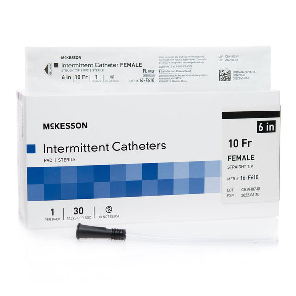 Box of Urethral Catheter McKesson Straight Tip Uncoated PVC 10 Fr. 6 Inch Length