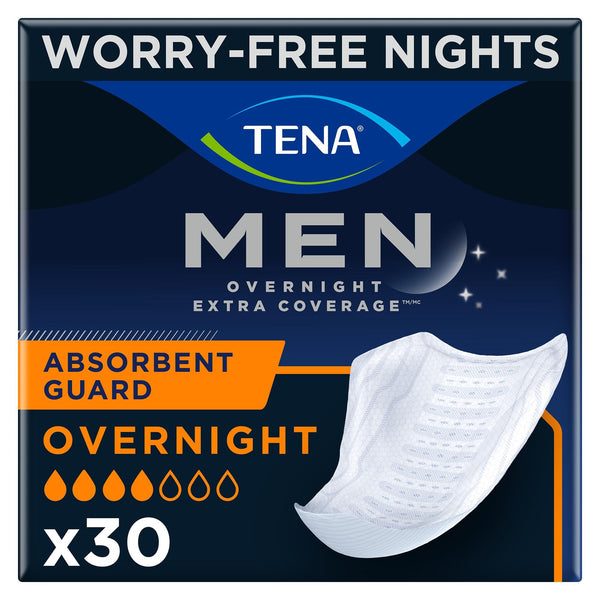 TENA Men Overnight Extra Coverage packaging with product image and text on a dark blue background