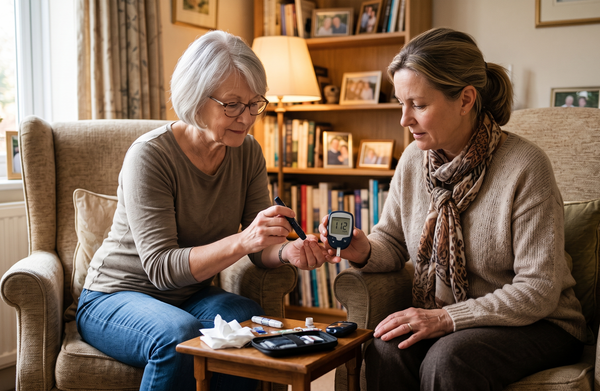 daughter helping mother check glucose levels