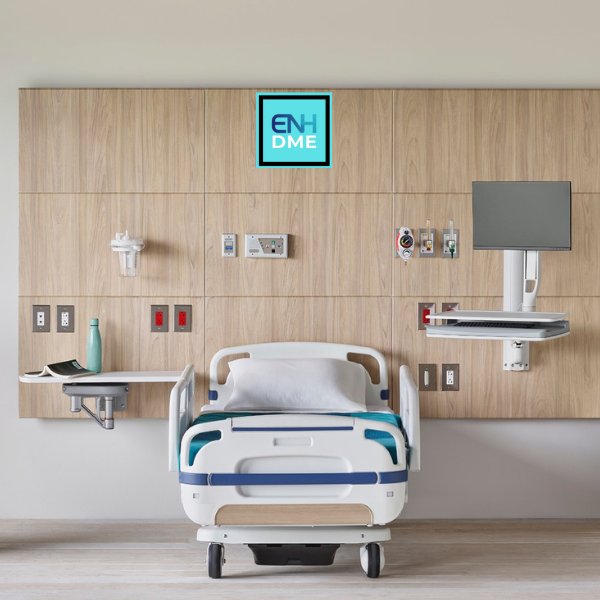 Patient room with hospital bed and essential care accessories for home use