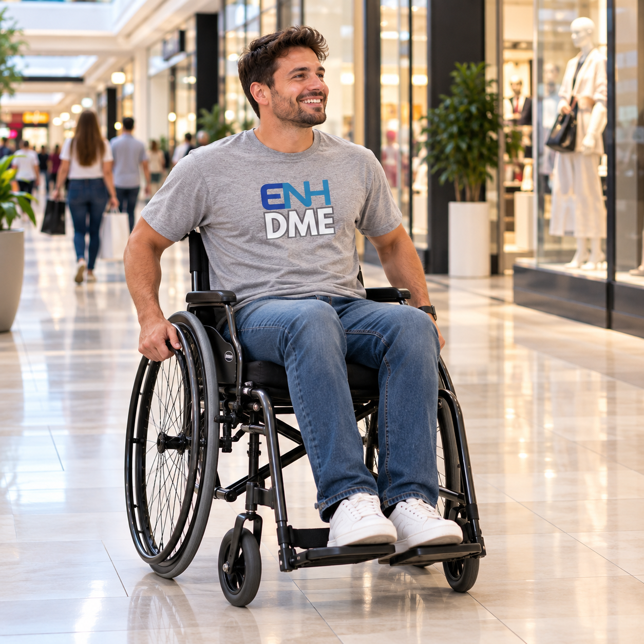 Man in a manual wheelchair in the mall shopping