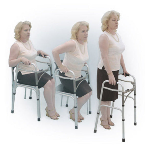 Woman using a walker in three different positions on a white background