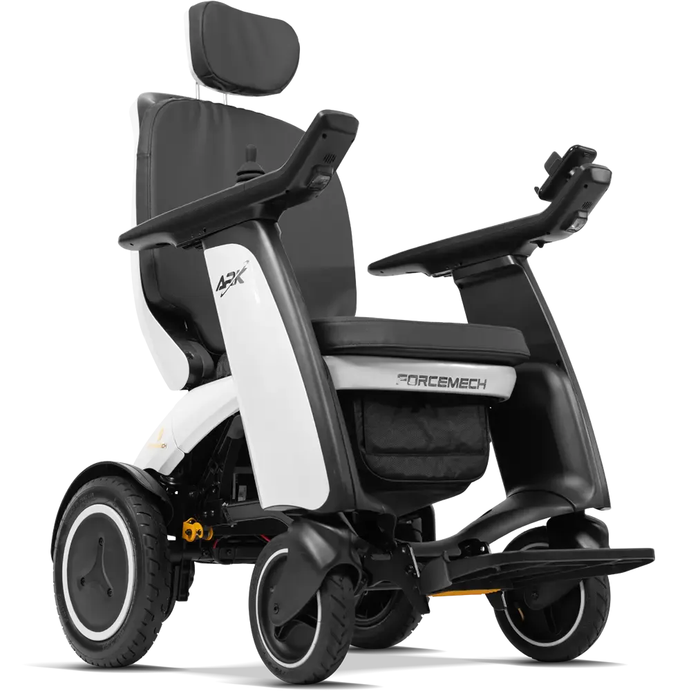 A ForceMech electric wheelchair with a black and white color scheme, featuring a headrest, armrests, and a storage basket, shown from a three-quarters angle on a white background.