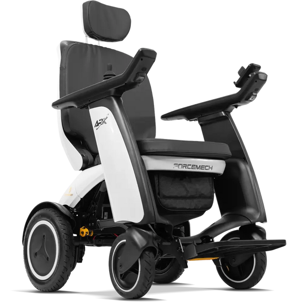 A ForceMech electric wheelchair with a black and white color scheme, featuring a headrest, armrests, and a storage basket, shown from a three-quarters angle on a white background.