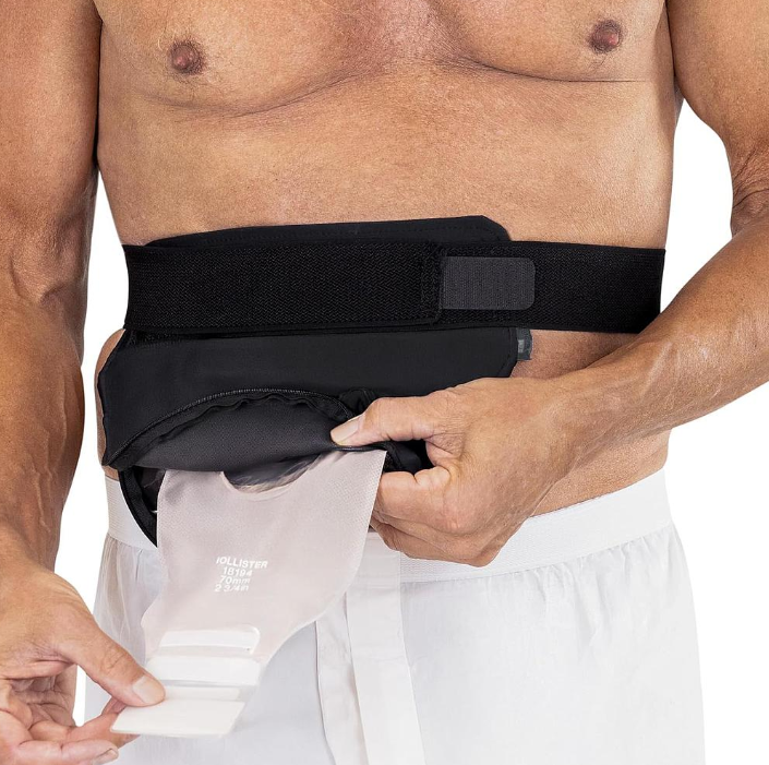 Man wearing ostomy support belt for secure positioning and comfortable daily wear