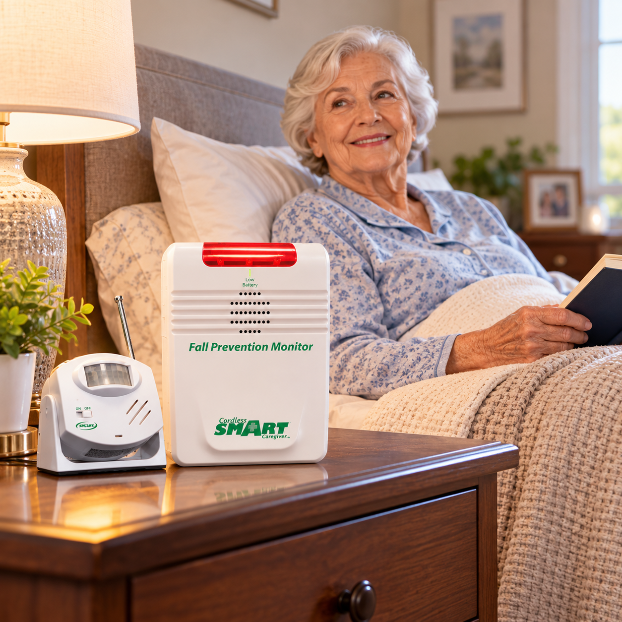 Woman in bed next to her fall prevention monitor by Smart Caregiver