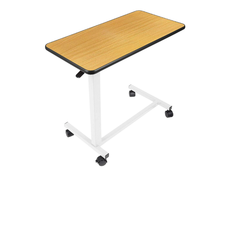 overbed table with walnut top and white base on wheels