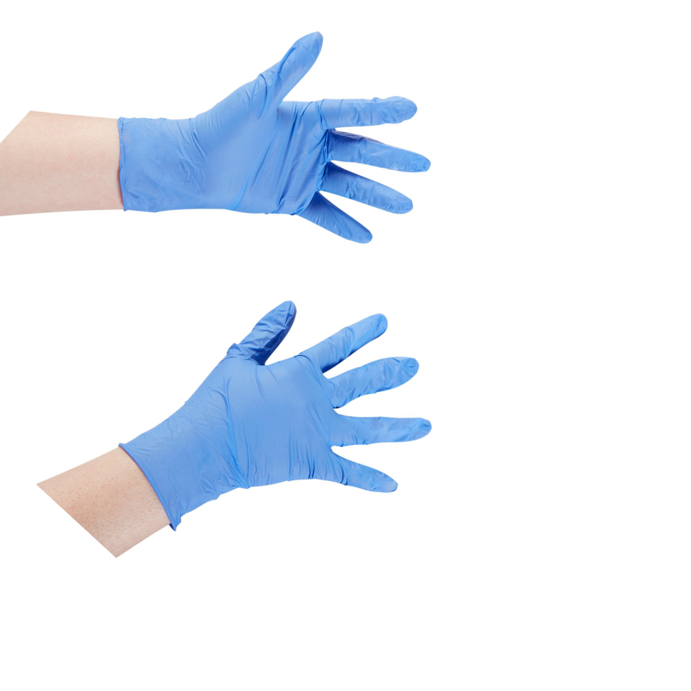 a pair of medical gloves on hands. 