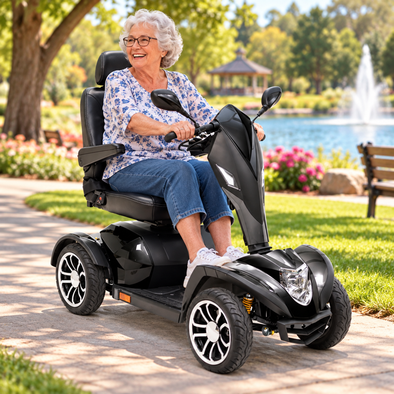 Woman on Scooter riding through a park setting